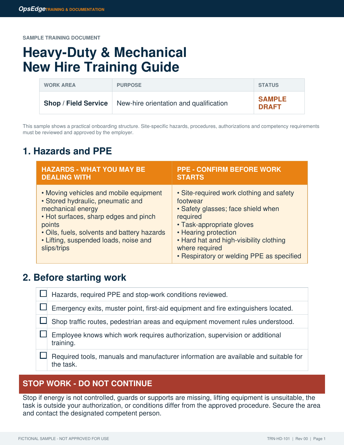 First page of the OpsEdge heavy-duty and mechanical new-hire training guide