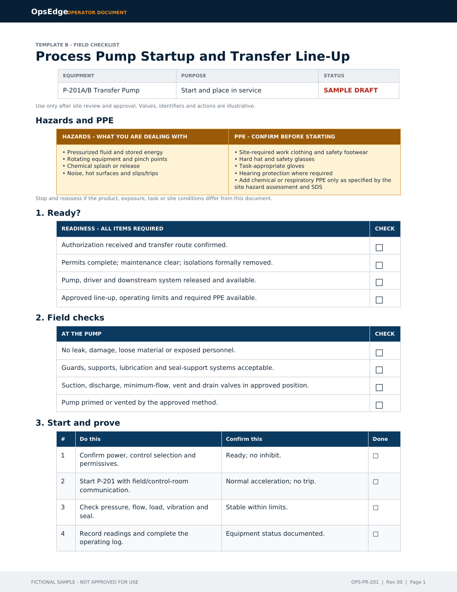 First page of the OpsEdge industrial operator SOP sample