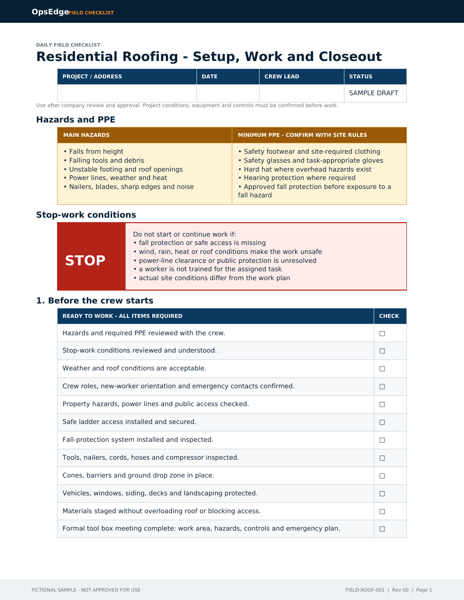First page of the OpsEdge roofing contractor daily checklist